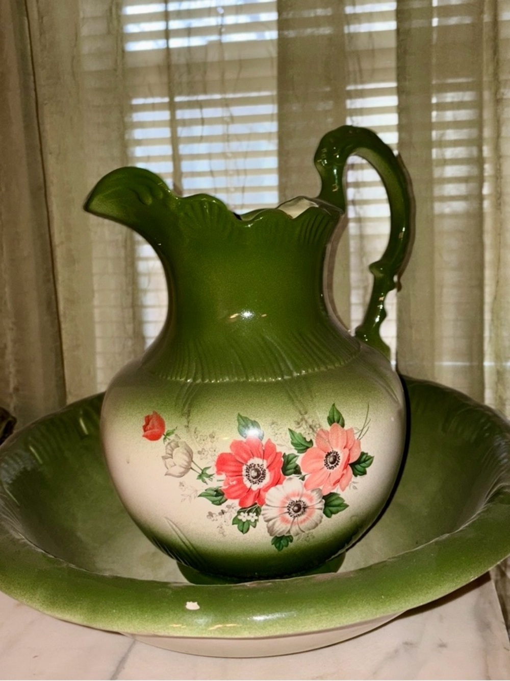 Green Floral Ceramic Pitcher with Matching Basin